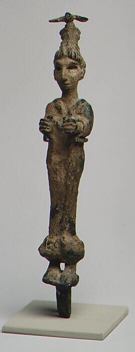 Goddess wearing a headdress surmounted by a bird, Bronze, Canaanite 