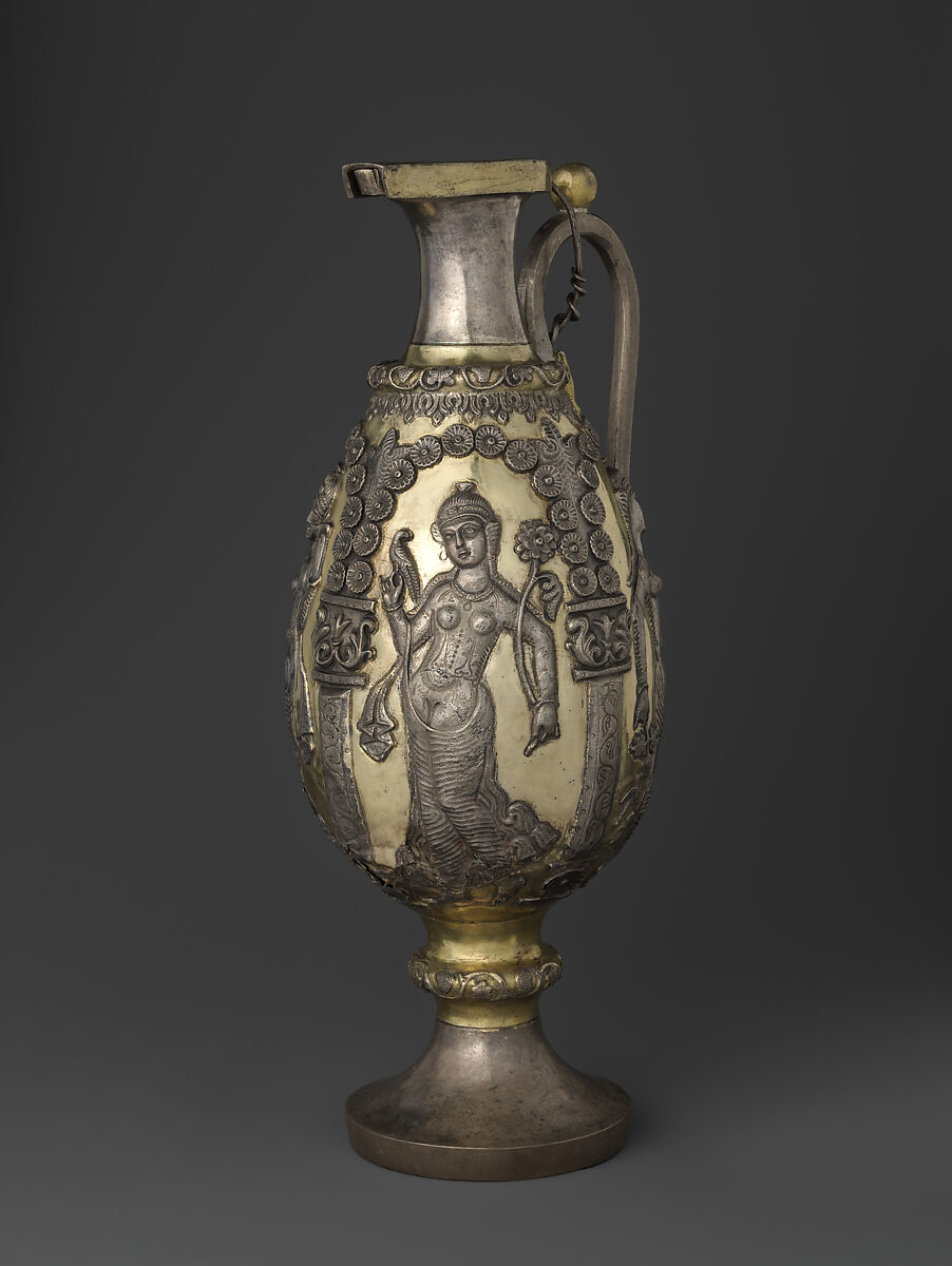Ewer with dancing females within arcades, Silver, mercury gilding, Sasanian
