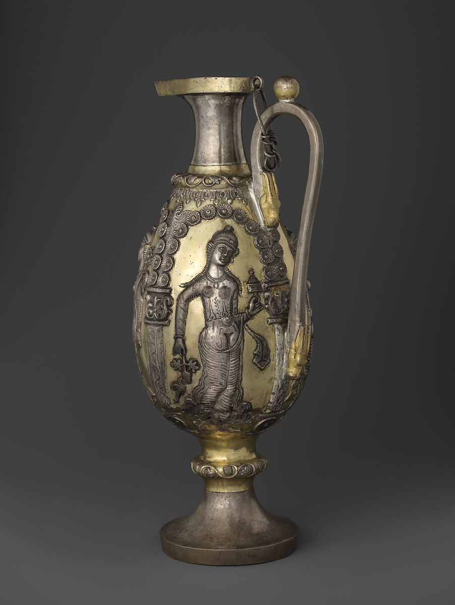 Ewer with dancing females within arcades, Silver, mercury gilding, Sasanian