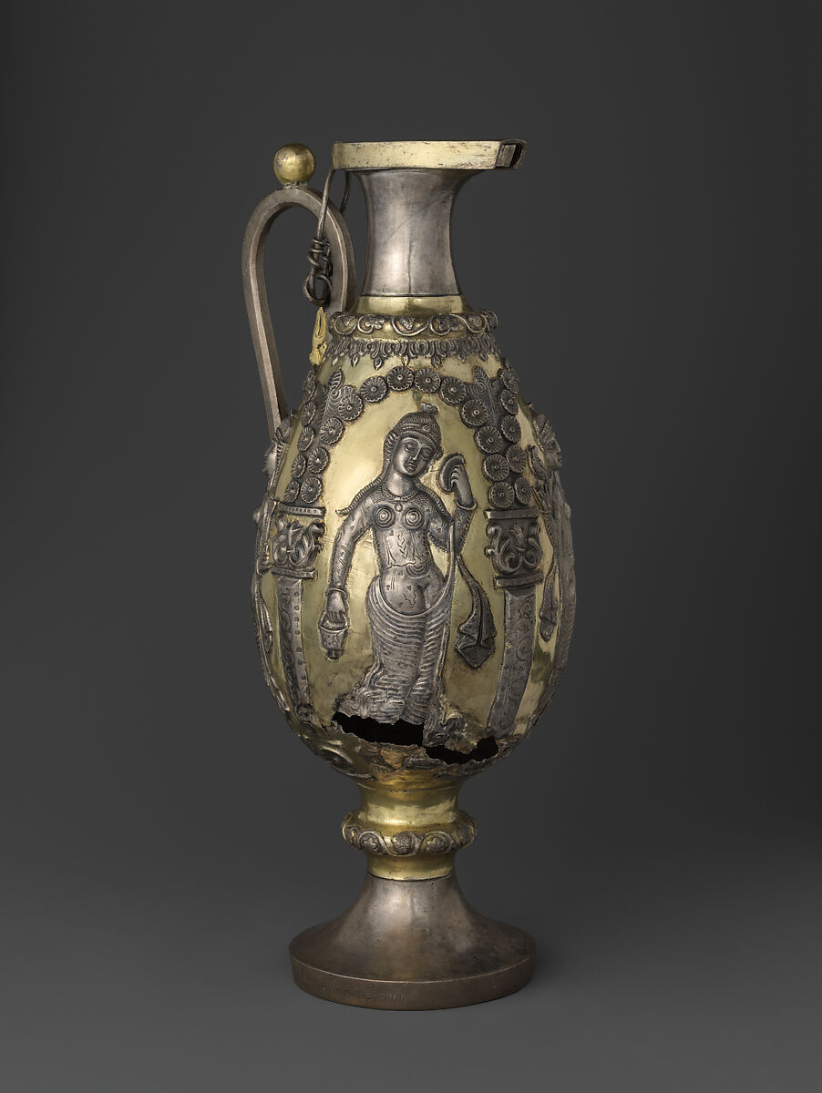 Ewer with dancing females within arcades, Silver, mercury gilding, Sasanian