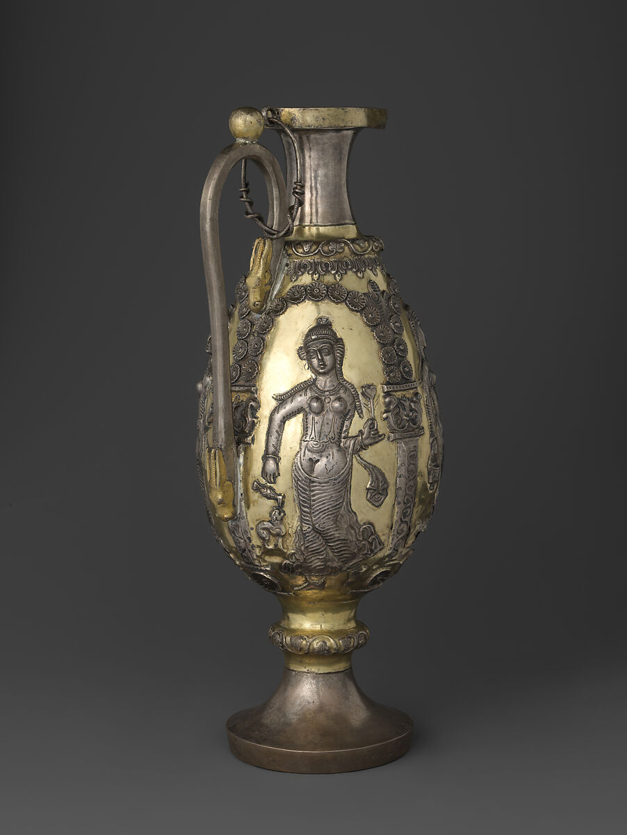 Ewer with dancing females within arcades, Silver, mercury gilding, Sasanian
