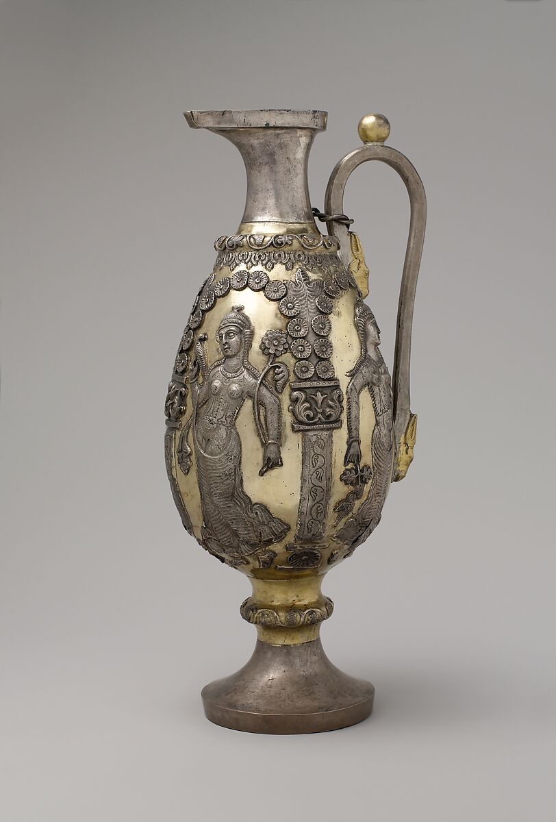 Ewer with dancing females within arcades, Silver, mercury gilding, Sasanian