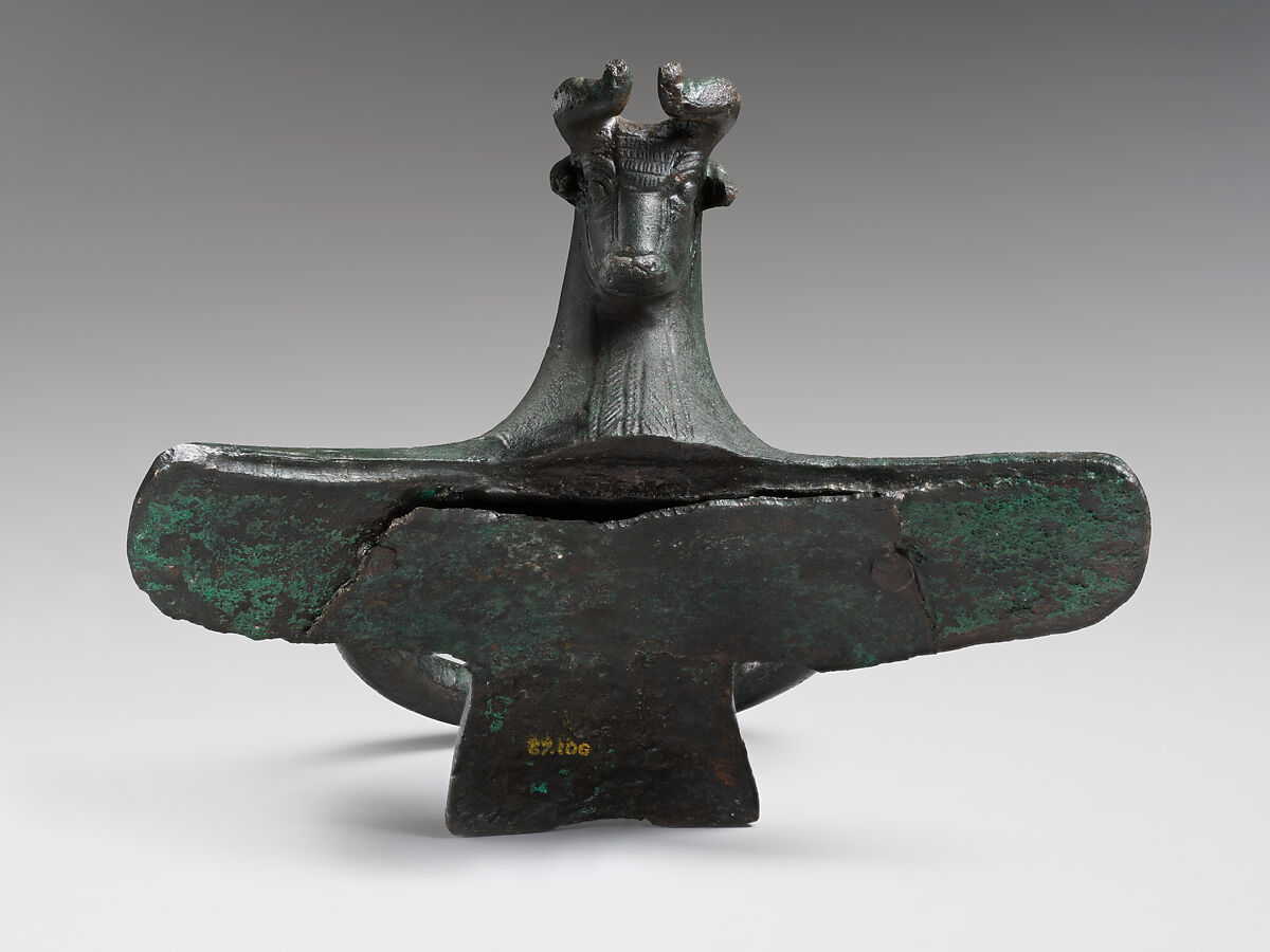 Cauldron attachment: winged bull's head, Bronze, Iran