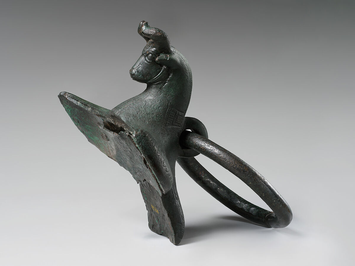 Cauldron attachment: winged bull's head, Bronze, Iran
