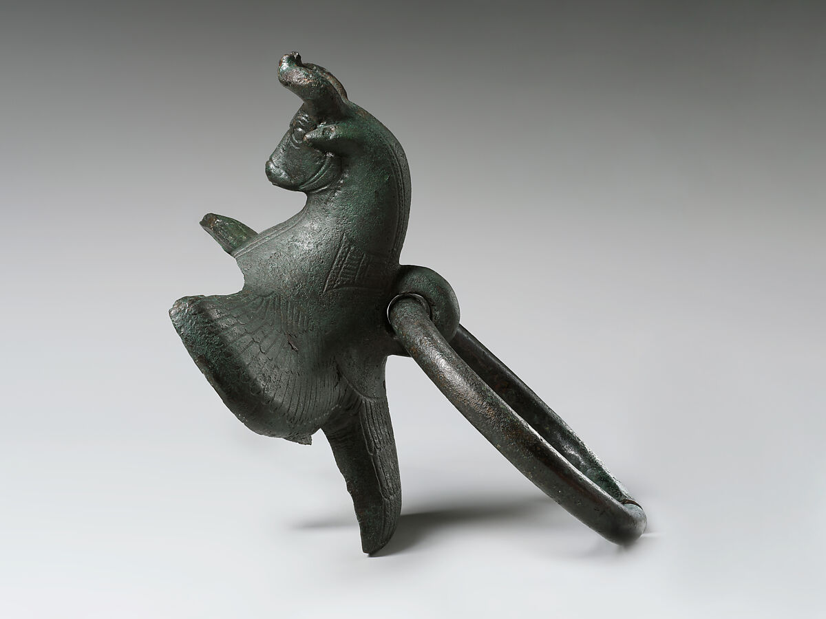 Cauldron attachment: winged bull's head, Bronze, Iran