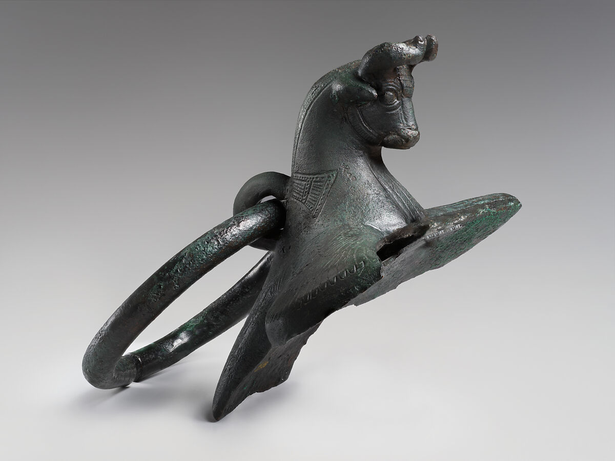 Cauldron attachment: winged bull's head, Bronze, Iran