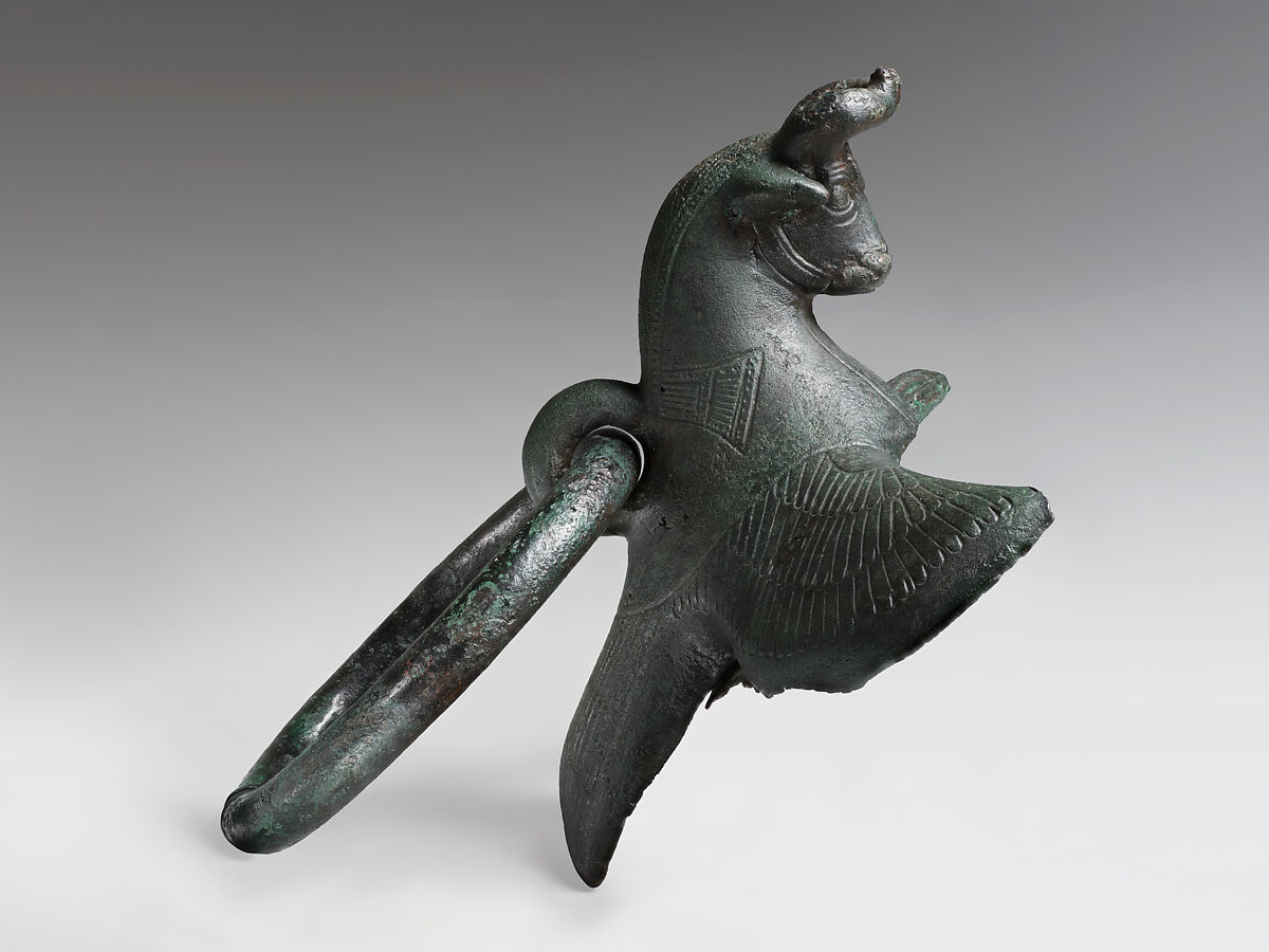 Cauldron attachment: winged bull's head, Bronze, Iran