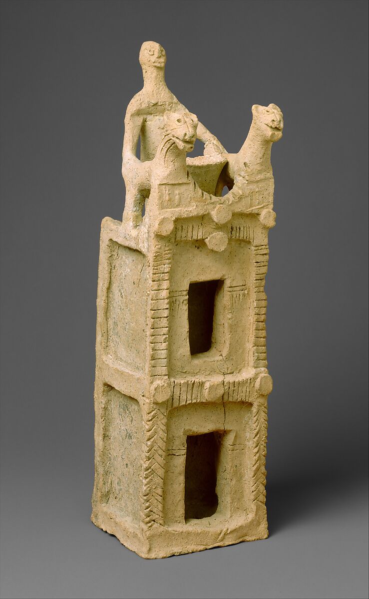 Cult vessel in the form of a tower with cylinder seal impressions near the top, Ceramic 