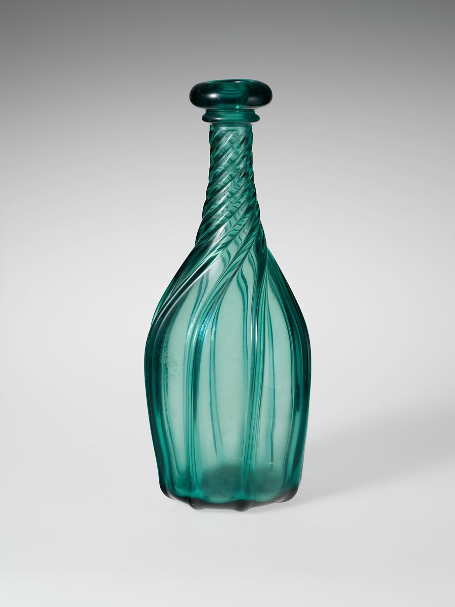 Bar Bottle, Free-blown molded aquamarine glass, American 