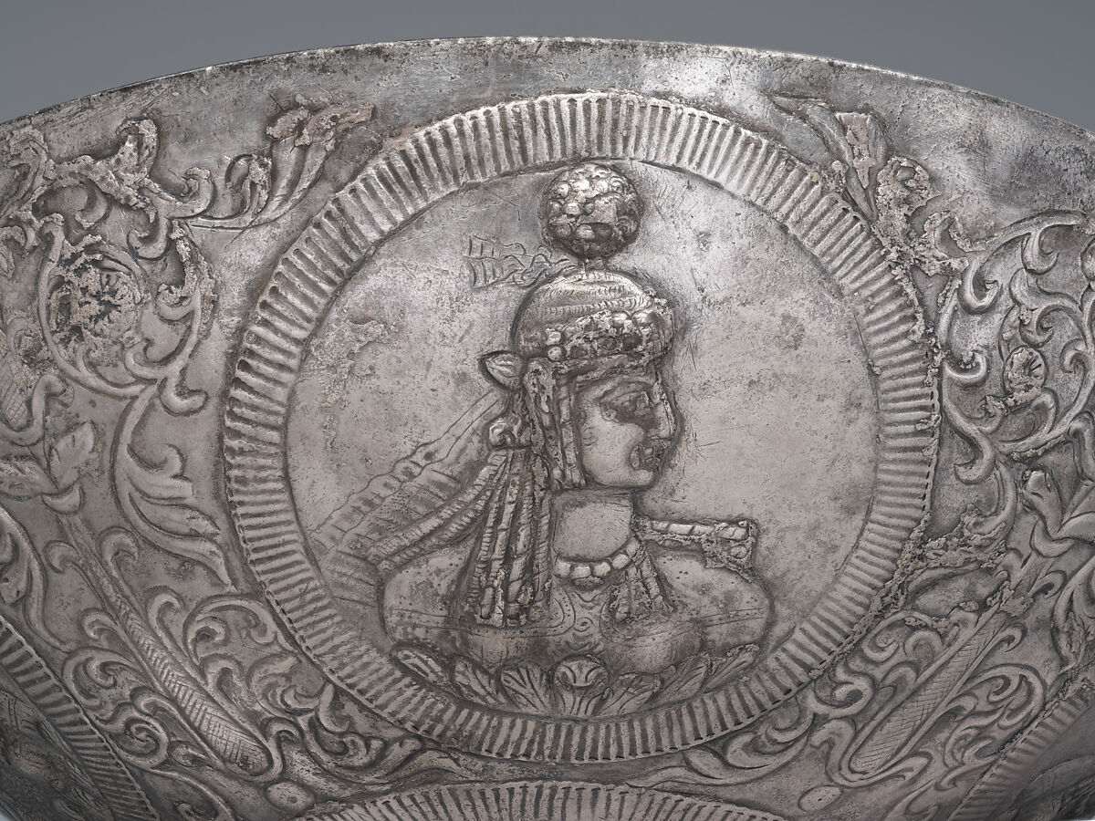 Bowl with female busts in medallions, Silver, Sasanian