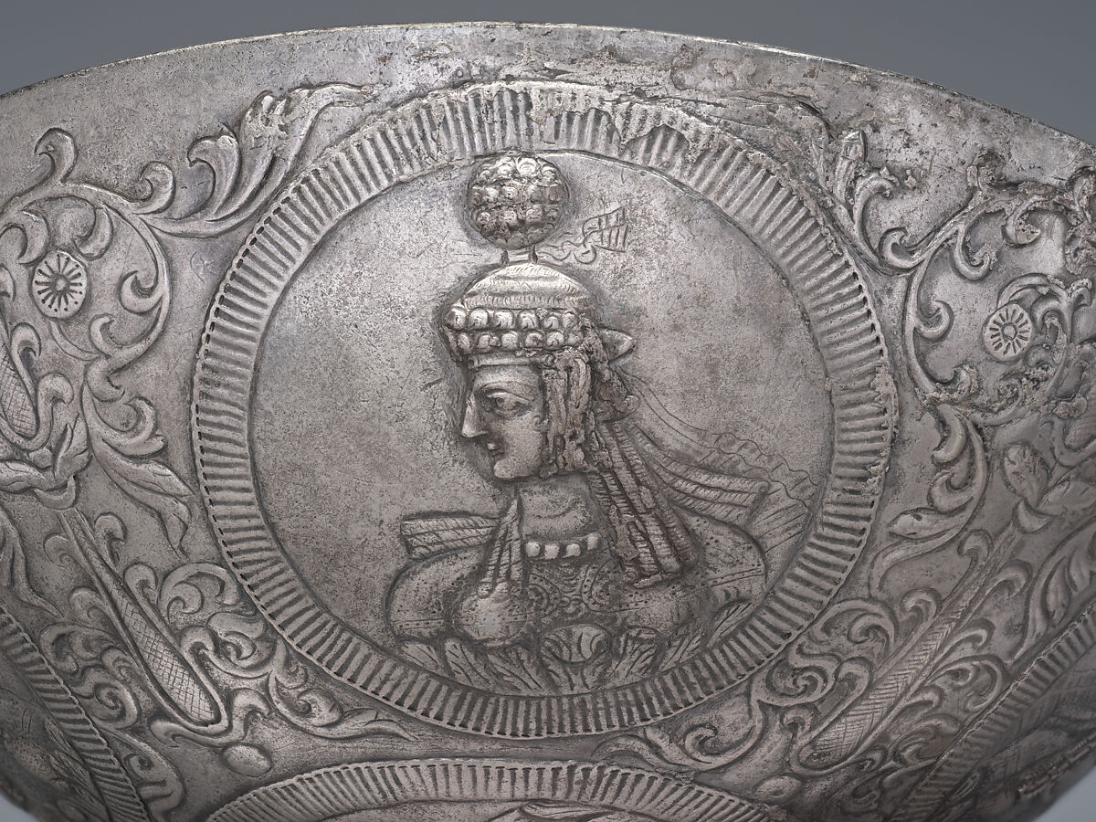 Bowl with female busts in medallions, Silver, Sasanian