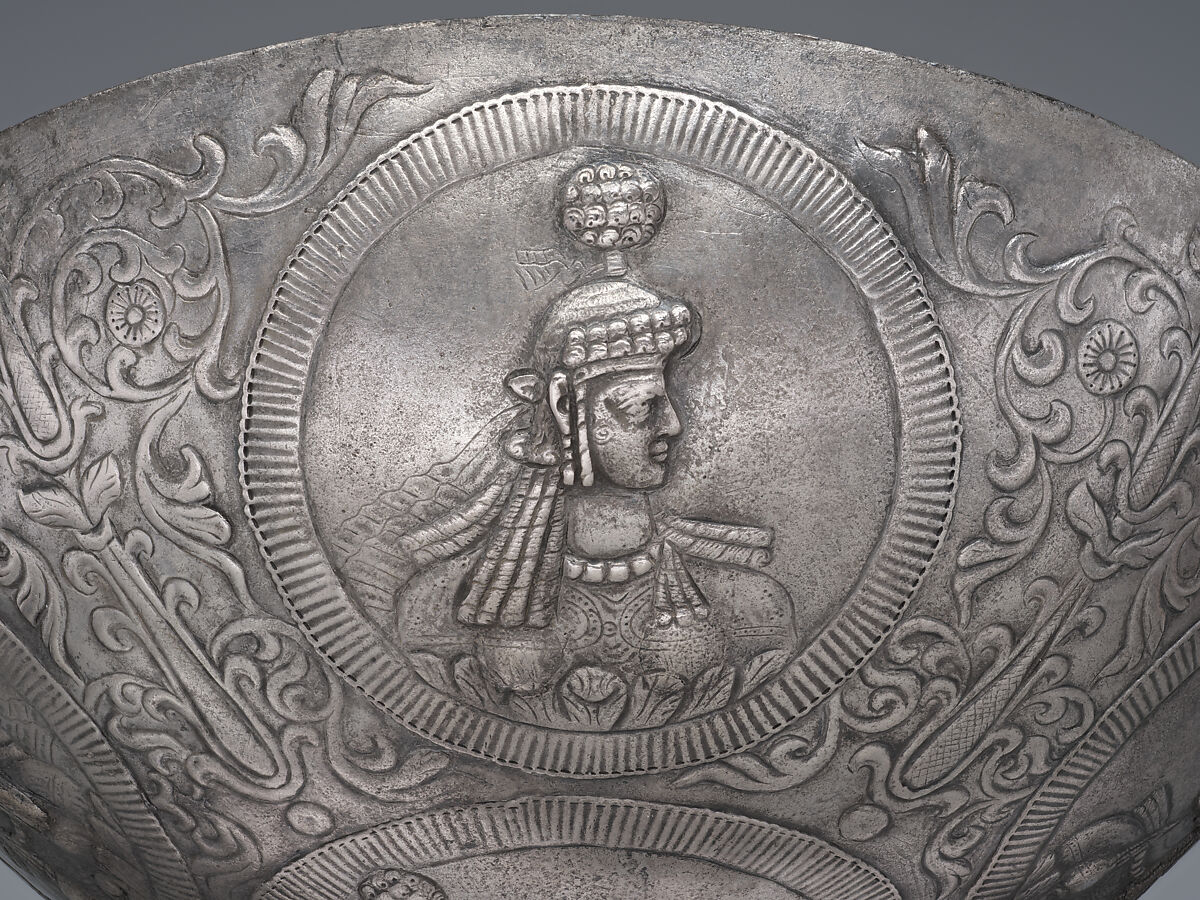 Bowl with female busts in medallions, Silver, Sasanian