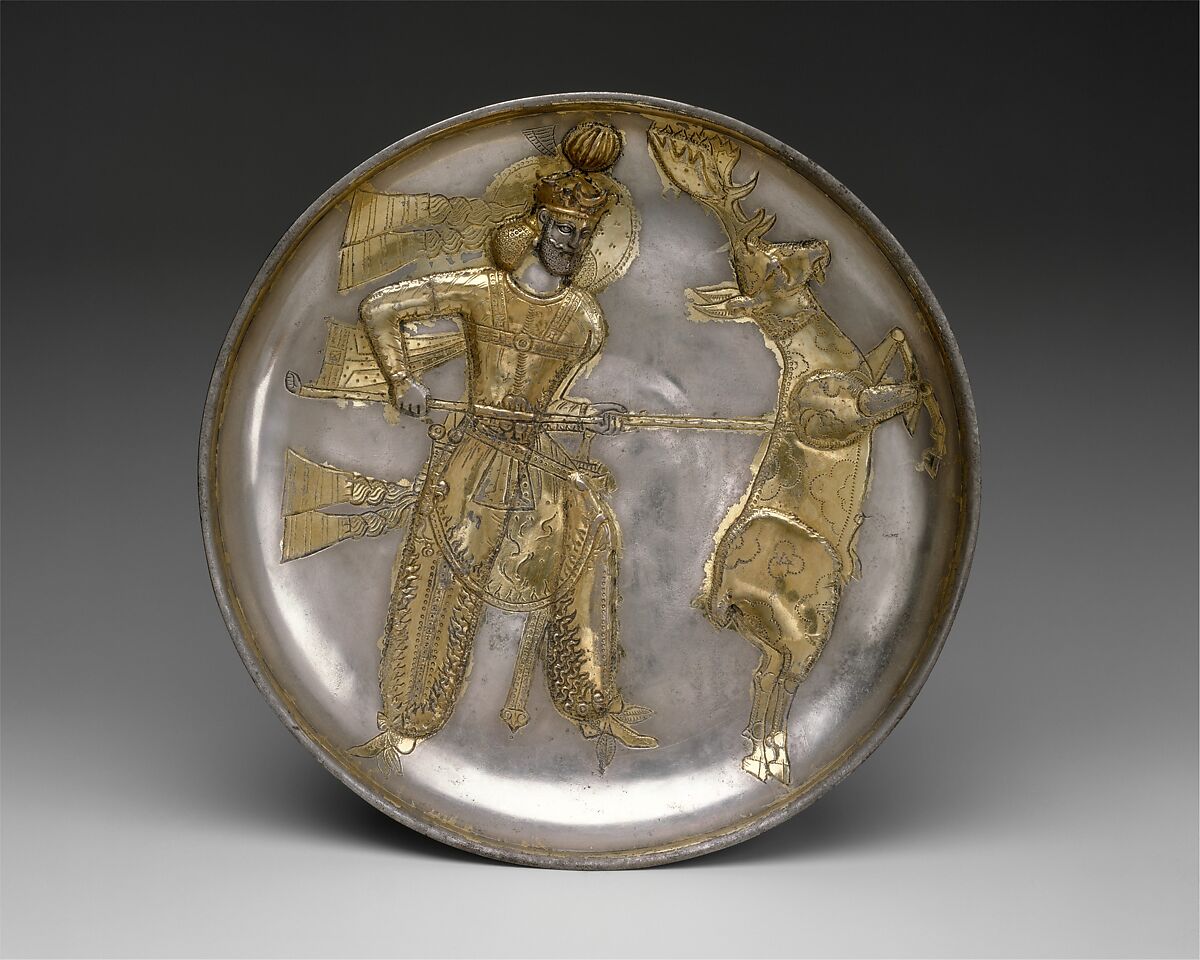 Plate: the king Yazdgard I, slaying a stag, Silver, mercury gilding, Sasanian