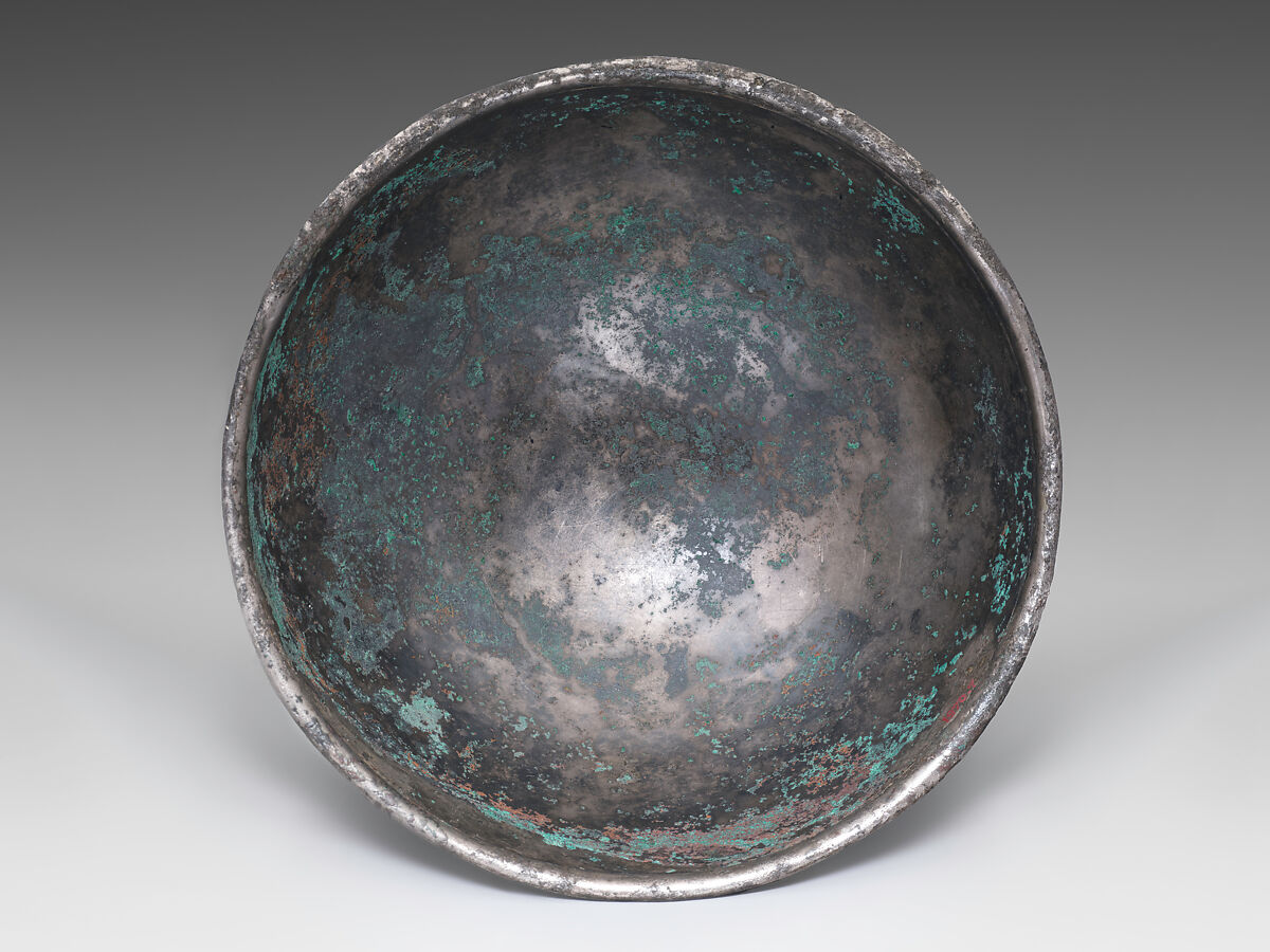 Hemispherical bowl with scenes of wine making, Silver, mercury gilding, Sasanian