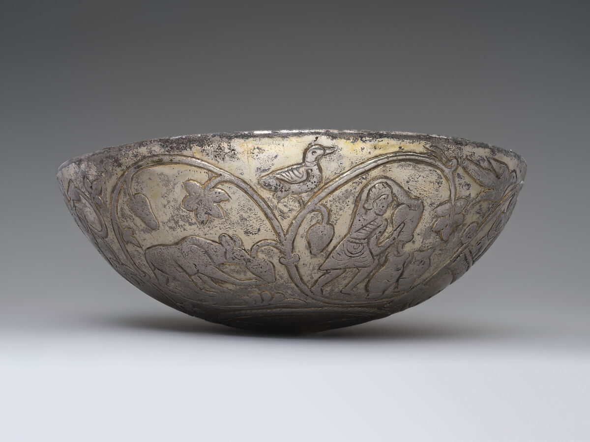 Hemispherical bowl with scenes of wine making, Silver, mercury gilding, Sasanian