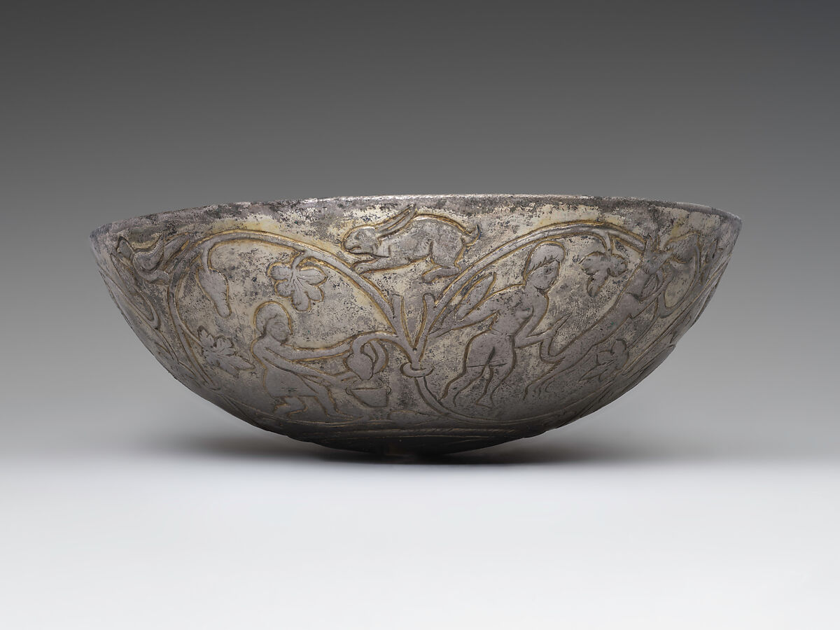 Hemispherical bowl with scenes of wine making, Silver, mercury gilding, Sasanian