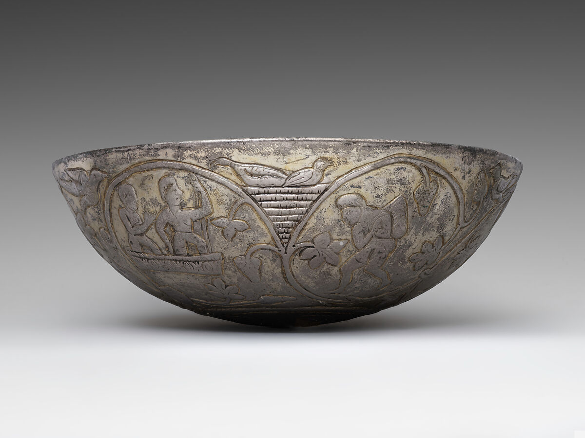 Hemispherical bowl with scenes of wine making, Silver, mercury gilding, Sasanian