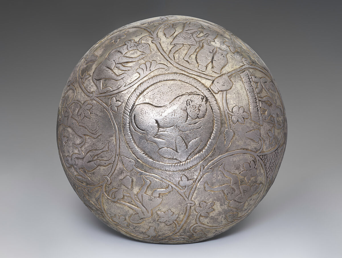 Hemispherical bowl with scenes of wine making, Silver, mercury gilding, Sasanian 