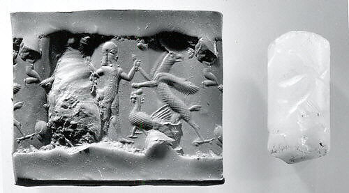 Cylinder seal with three-figure contest scene, White Chalcedony (Quartz), Assyro-Babylonian 