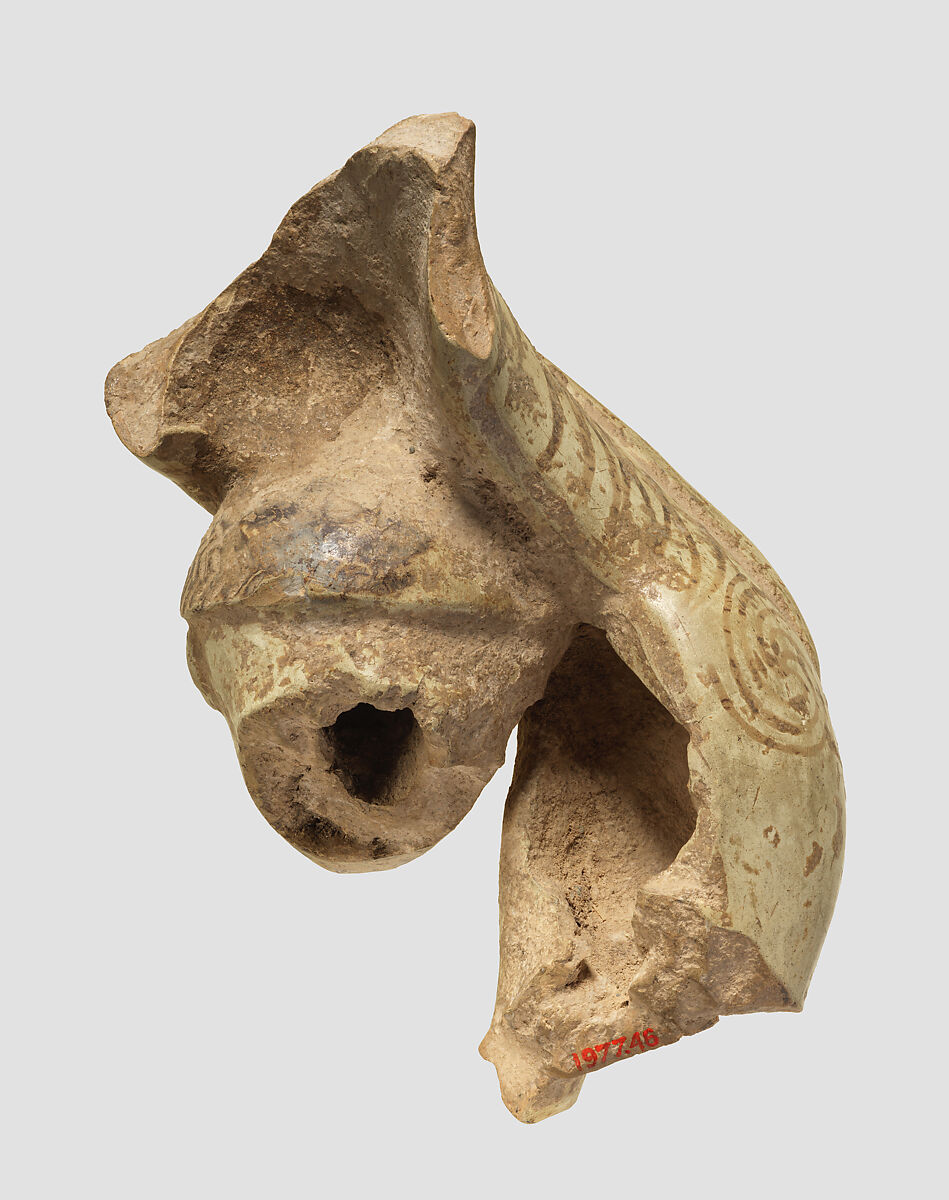 Fragmentary figure of a man and a lion in combat, Ceramic, paint, Iran