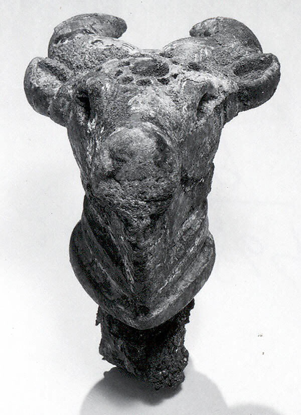 Scepter in the shape of a bull's head, Copper alloy, iron, gold, Sasanian 
