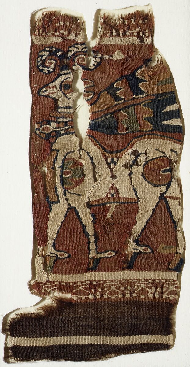 Textile fragment: walking ram with a neckband and fluttering ribbons, Wool, cotton, Sasanian 