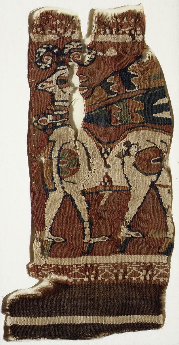 Textile fragment: walking ram with a neckband and fluttering ribbons, Wool, cotton, Sasanian