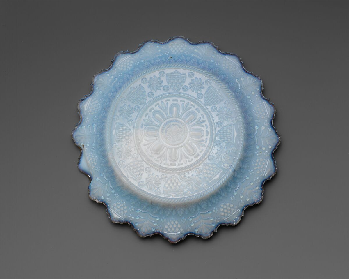 Dish, Lacy pressed opalescent glass, American 