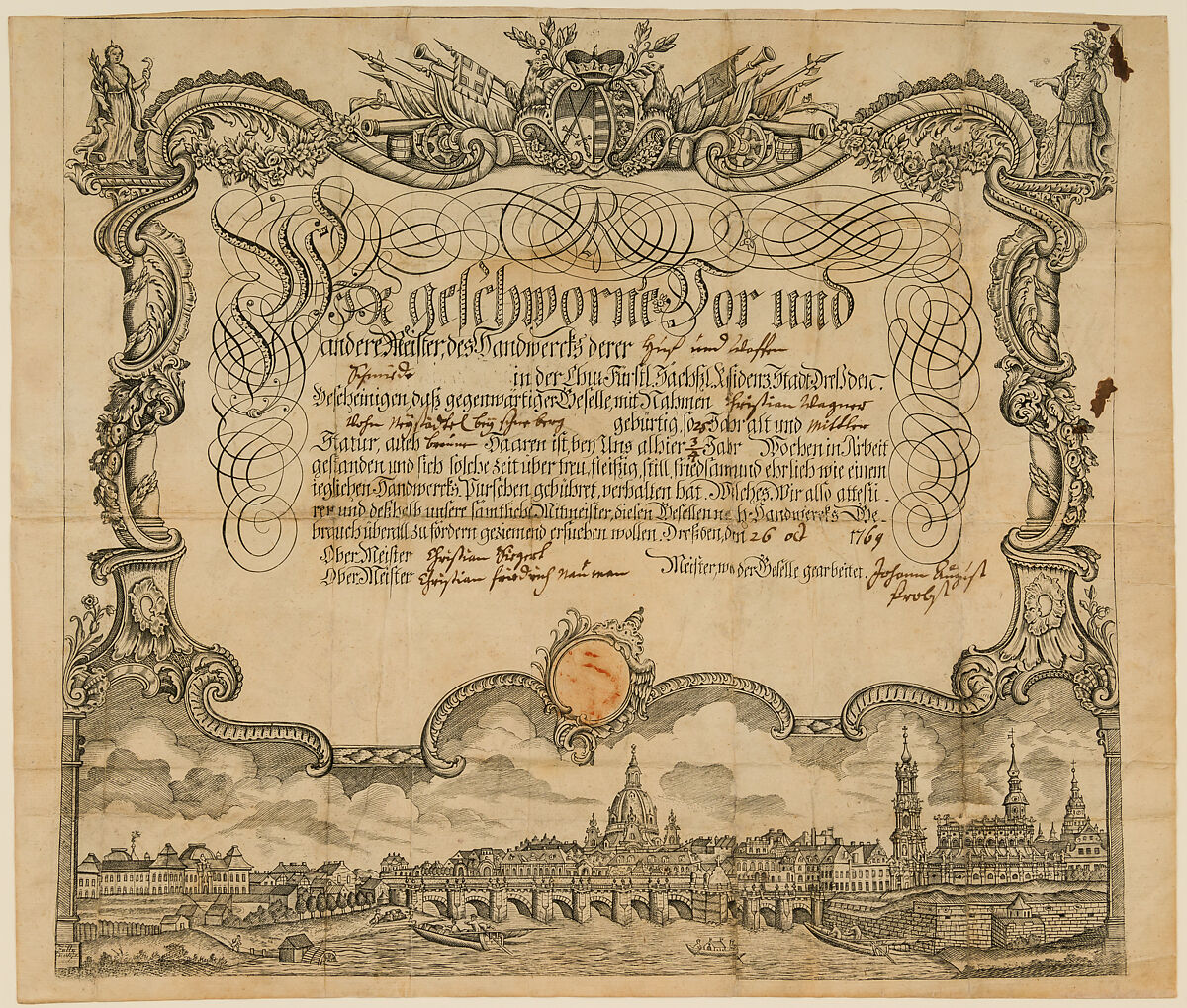 Certificate of Employment (Arbeitsbescheinigung) of the Guild of Farriers and Weaponsmiths (Huf- und Waffenschmiede) of Dresden, Engraving on paper, German, Dresden 