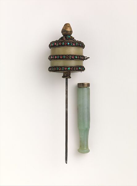 Prayer Wheel and Xylographic Folio Page, Jade, copper alloy, turquoise, glass, paper, Tibetan