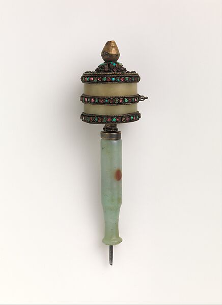 Prayer Wheel and Xylographic Folio Page, Jade, copper alloy, turquoise, glass, paper, Tibetan 