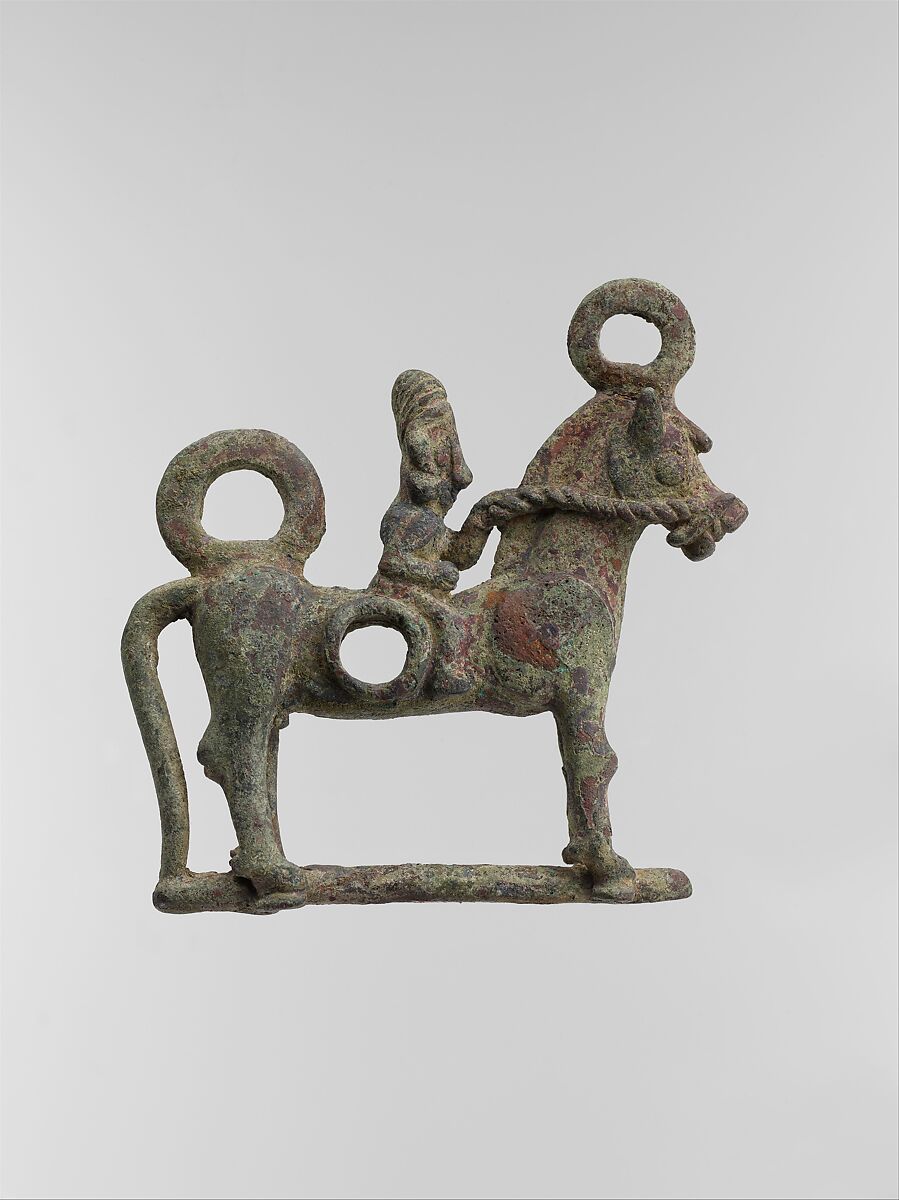 Horse bit cheekpiece in form of a horse and rider, Bronze, Iran 