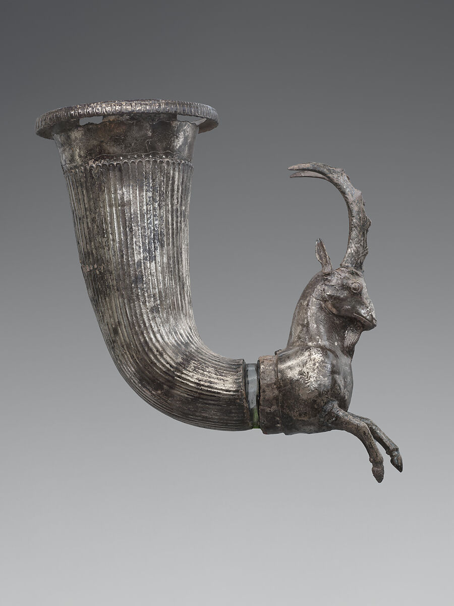 Rhyton terminating in the forepart of a wild goat, Silver, Thrace