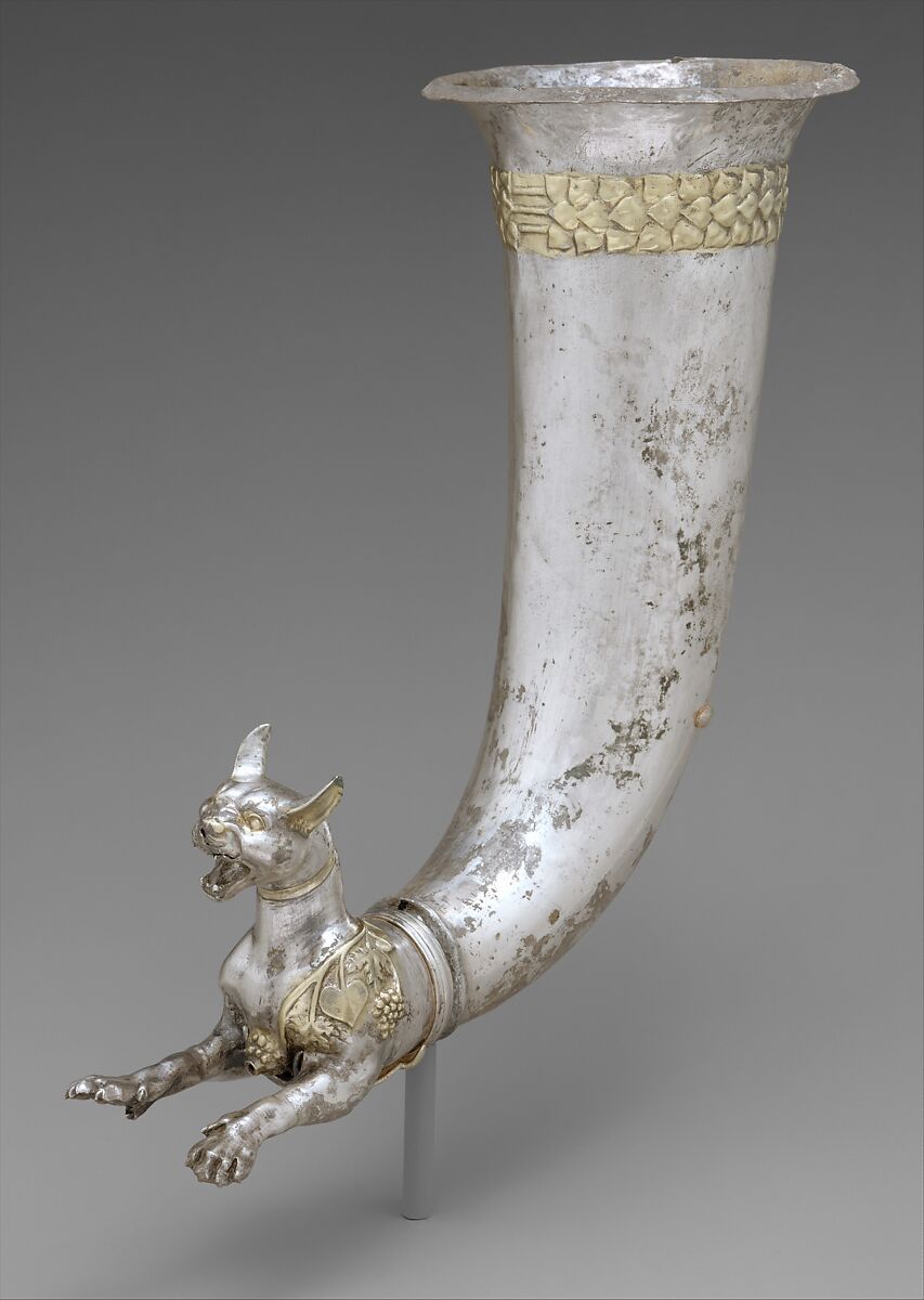 Rhyton terminating in the forepart of a wild cat, Silver, mercury gilding, Parthian 