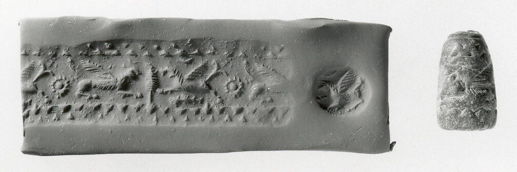 Conoid stamp-cylinder seal with monsters, Variegated red and yellow Steatite, Urartian 