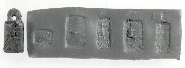 Stamp seal (cubical with loop handle) with anthropomorphic and animal figures, Copper/bronze alloy, Urartian 