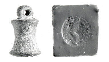 Stamp seal (bell-shaped with loop handle) with monster, Copper/bronze alloy, Urartian 