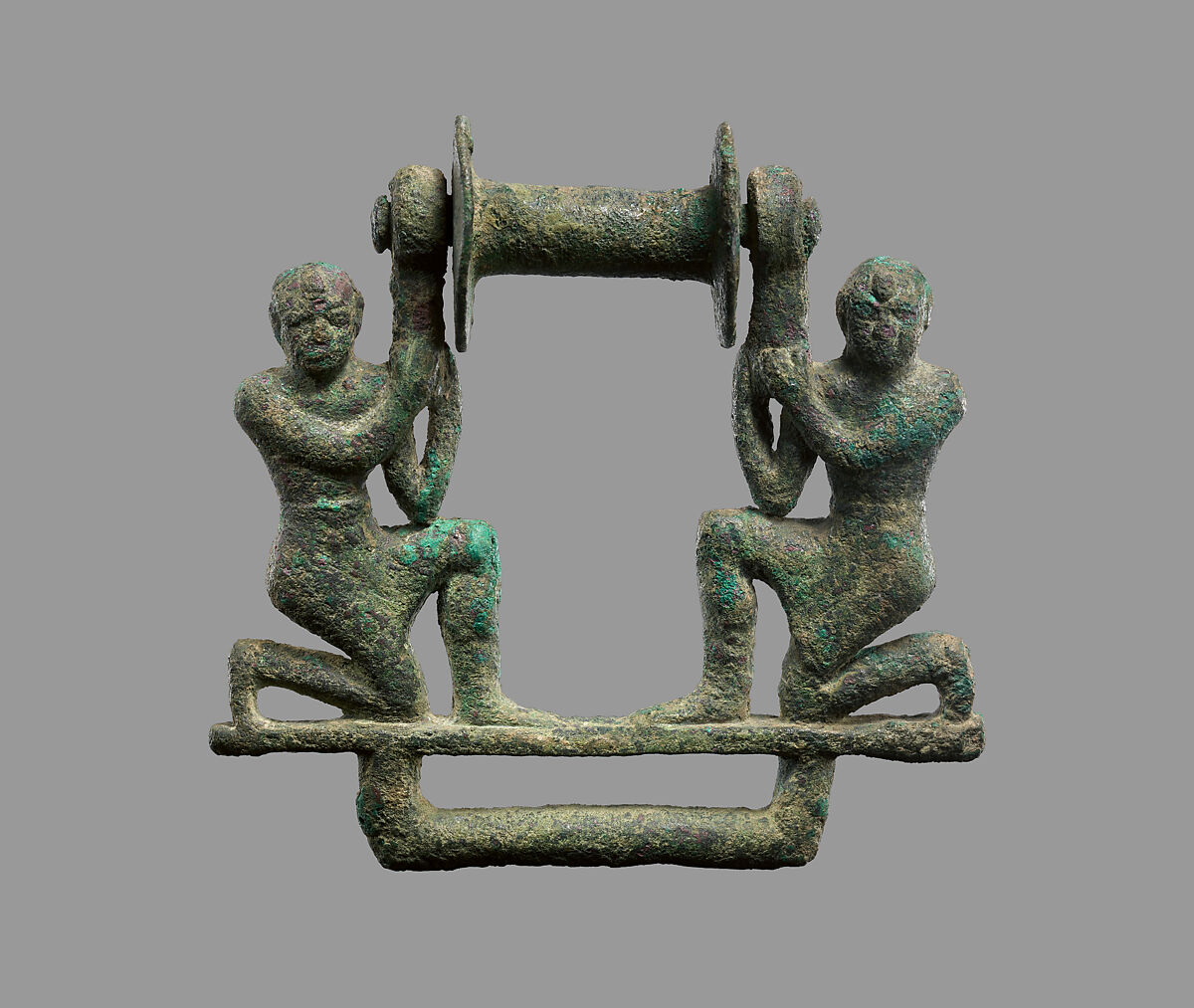 Plaque with two male figures supporting a roller, Bronze, Babylonian 