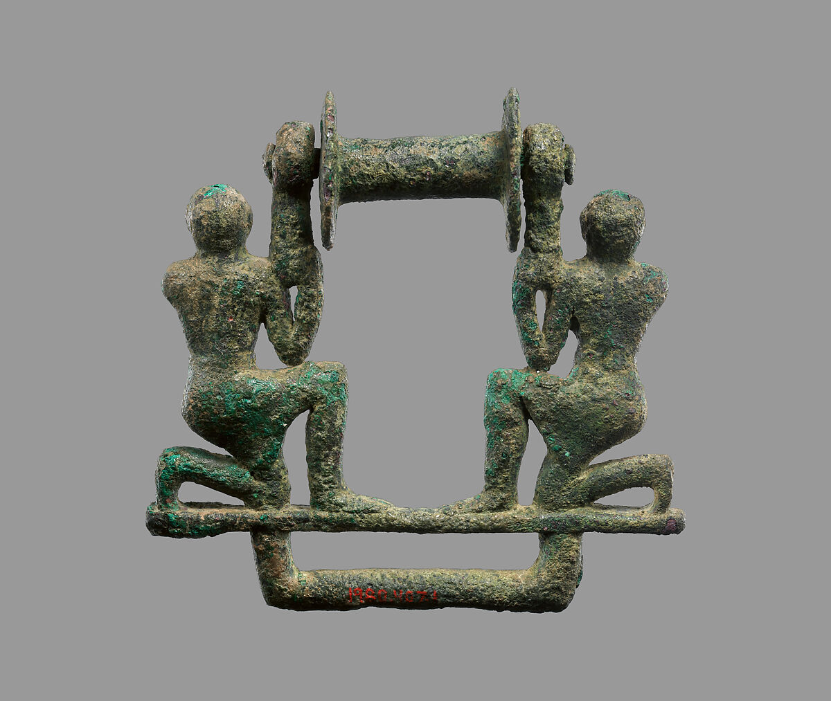 Plaque with two male figures supporting a roller, Bronze, Babylonian