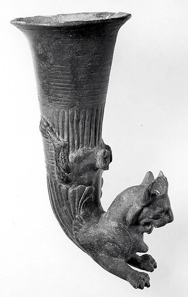 Rhyton terminating in a horned lion, Ceramic, Achaemenid or Seleucid 
