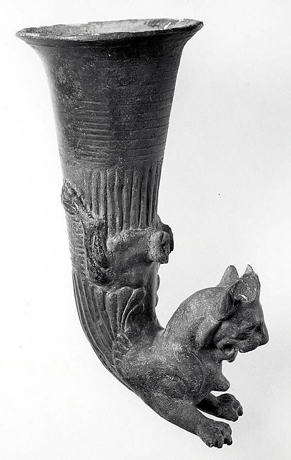 Rhyton terminating in a horned lion, Ceramic, Achaemenid or Seleucid