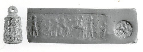 Stamp-cylinder seal (with loop handle) with hunting scene, Limestone or calcite (?), Urartian 