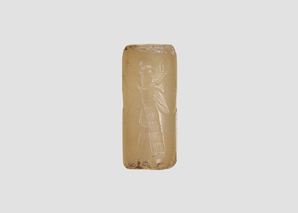 Cylinder seal with three-figure contest scene, Neutral Chalcedony (Quartz), Babylonian