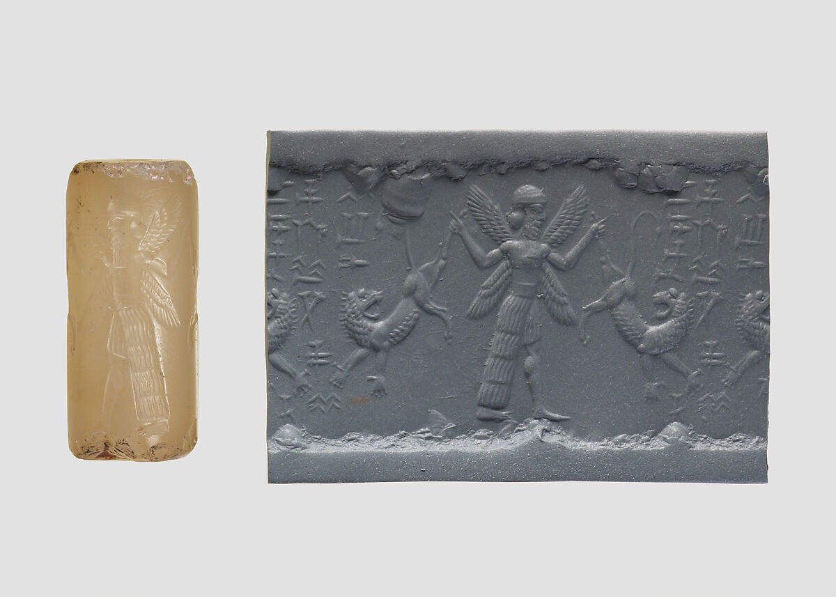 Cylinder seal with three-figure contest scene, Neutral Chalcedony (Quartz), Babylonian 