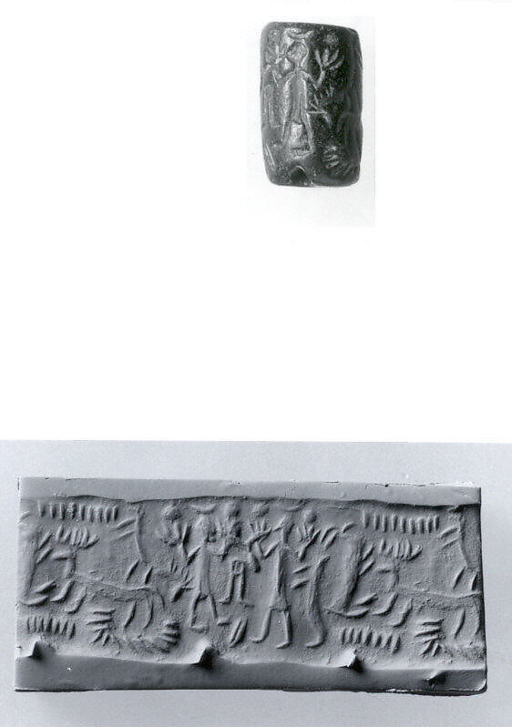 Cylinder seal and modern impression: two humans and two animals, Chlorite, Old Assyrian Trading Colony 