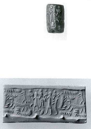 Cylinder seal and modern impression: two humans and two animals
