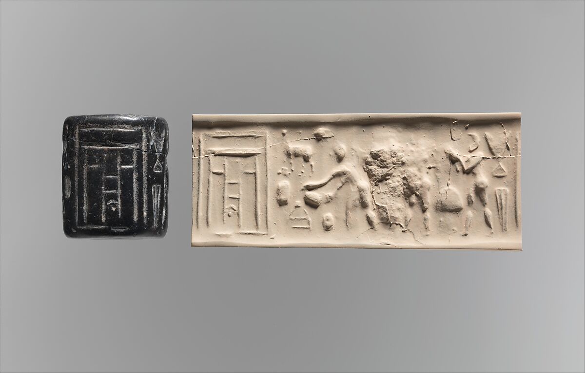 Cylinder seal and modern impression: ritual scene before a temple facade, Bituminous limestone 