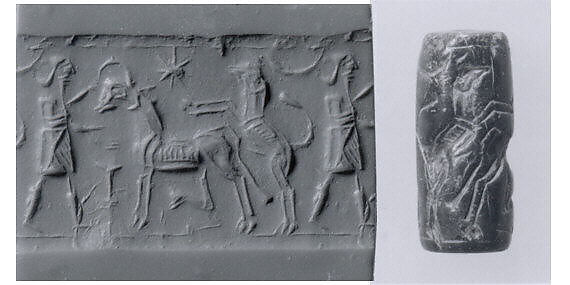 Cylinder seal with animal husbandry scene, Mottled green and black Talc-bearing Serpentinite, Assyrian 