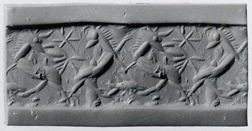 Cylinder seal with monster contest scene, Flawed Carnelian (Quartz), Babylonian 