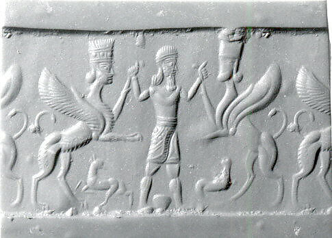 Cylinder seal with three-figure contest scene, Veined and flawed neutral Chalcedony (Quartz), Babylonian 